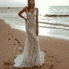 Sexy Lace V-Neck Beach Mermaid Wedding Dress with Spaghetti Straps and Sweep Train