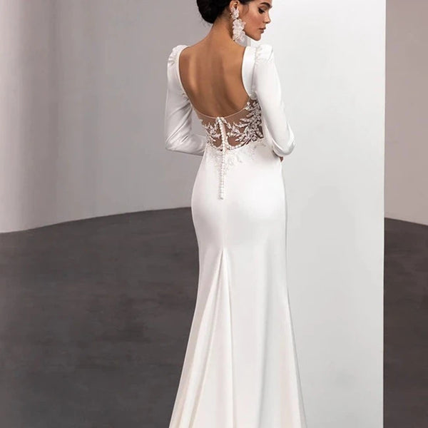 Elegant Satin Mermaid Wedding Dress with Long Sleeves and Backless Design