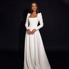 Classic A-Line Satin Wedding Dress with Long Puff Sleeves and Square Collar - Elegant Minimalist Bridal Gown