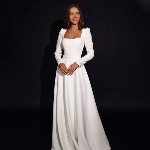 Classic A-Line Satin Wedding Dress with Long Puff Sleeves and Square Collar - Elegant Minimalist Bridal Gown