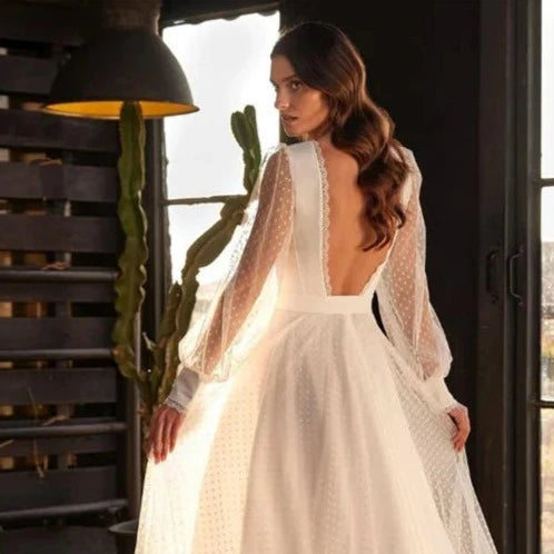 Elegant A-Line Polka-Dot Lace Wedding Dress with Open Back and Long Sleeves