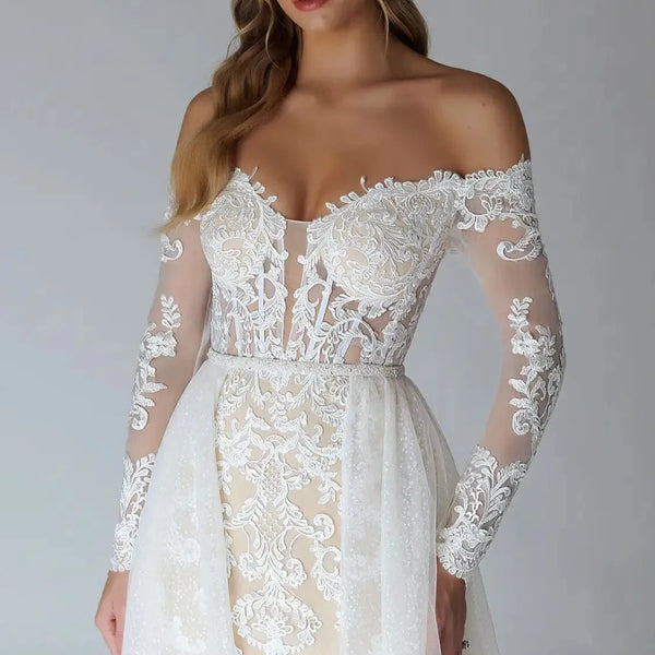 Elegant Off-the-Shoulder Sweetheart Mermaid Wedding Dress with Lace Applique and Detachable Train