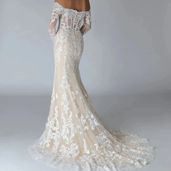 Elegant Off-the-Shoulder Sweetheart Mermaid Wedding Dress with Lace Applique and Detachable Train