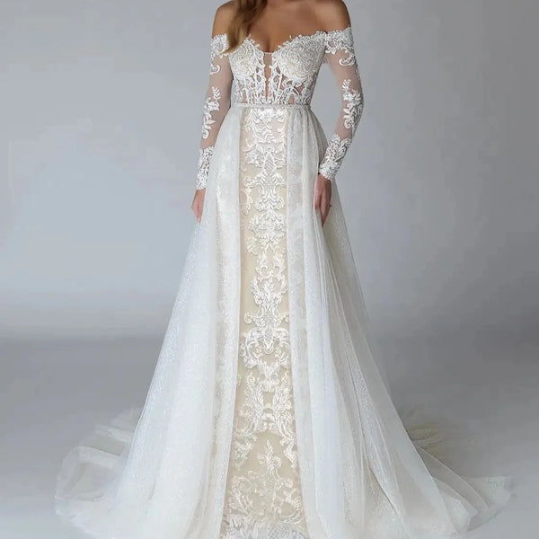 Elegant Off-the-Shoulder Sweetheart Mermaid Wedding Dress with Lace Applique and Detachable Train