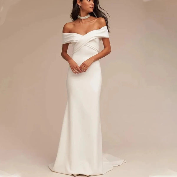 Elegant V-Neck Satin Sheath Wedding Dress with Lace Back and Side Slit - Court Train Bridal Gown