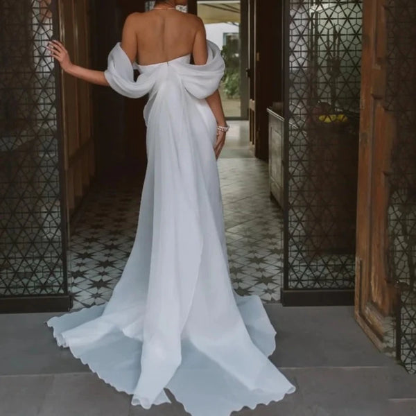 Elegant Off-The-Shoulder Sweetheart Mermaid Wedding Dress | Satin Open Back Bridal Gown with Sweep Train