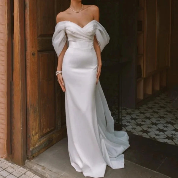 Elegant Off-The-Shoulder Sweetheart Mermaid Wedding Dress | Satin Open Back Bridal Gown with Sweep Train