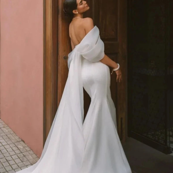 Elegant Off-The-Shoulder Sweetheart Mermaid Wedding Dress | Satin Open Back Bridal Gown with Sweep Train