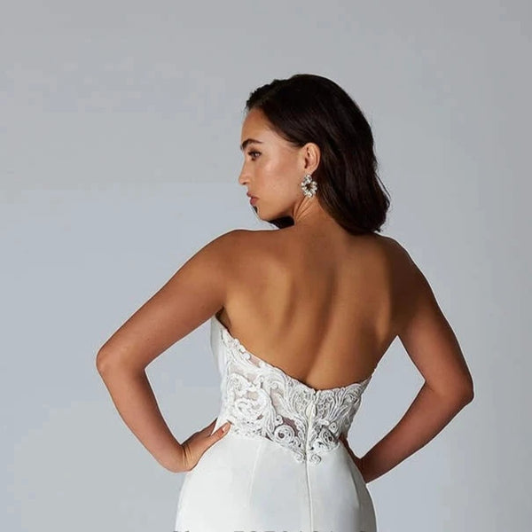 Elegant V-Neck Satin Sheath Wedding Dress with Lace Back and Side Slit