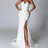 Elegant V-Neck Satin Sheath Wedding Dress with Lace Back and Side Slit