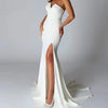 Elegant V-Neck Satin Sheath Wedding Dress with Lace Back and Side Slit