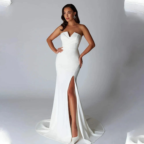 Elegant V-Neck Satin Sheath Wedding Dress with Lace Back and Side Slit