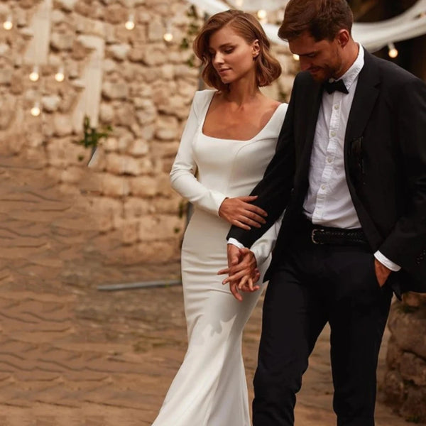 Modern Minimalistic Mermaid Wedding Dress with Square Neckline & Long Sleeves