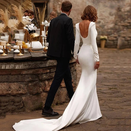 Modern Minimalistic Mermaid Wedding Dress with Square Neckline & Long Sleeves