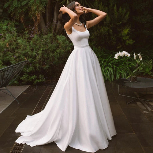 Simple Elegance Satin A-Line Wedding Dress - Scoop Neck Tank Sleeveless Bridal Gown with Open Back and Sweep Train