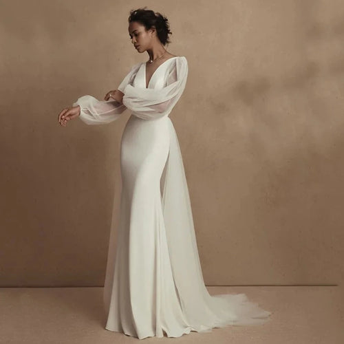 Elegant Mermaid Wedding Dress with Detachable Train & Long Sleeves