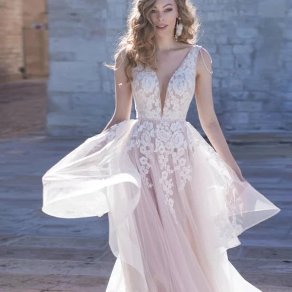 Graceful A-Line Ruffles Wedding Dress | Luxury Backless Appliques and Beadings Bridal Gown