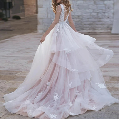 Graceful A-Line Ruffles Wedding Dress | Luxury Backless Appliques and Beadings Bridal Gown