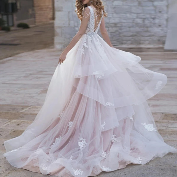 Graceful A-Line Ruffles Wedding Dress | Luxury Backless Appliques and Beadings Bridal Gown