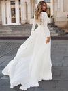 Boho A-Line Chiffon Wedding Dress with V-Neck, Lace Accents, and Illusion Back