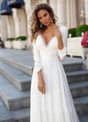 Boho A-Line Chiffon Wedding Dress with V-Neck, Lace Accents, and Illusion Back