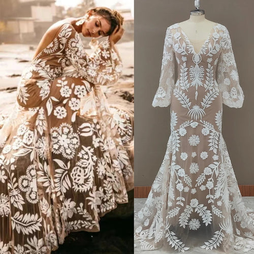 Sexy 2-Piece Lace Wedding Dress | Long Sleeve V-Neck Backless Boho Mermaid Gown with Sweep Train