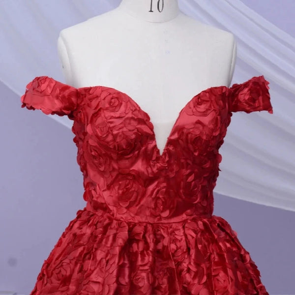 Luxurious Red Floral Lace Off-Shoulder Wedding Dress with Court Train | Non-Traditional Valentine's Day Bridal Gown