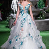 Elegant A-Line Wedding Dress with 3D Floral Appliques, V-Neck Tulle Court Train