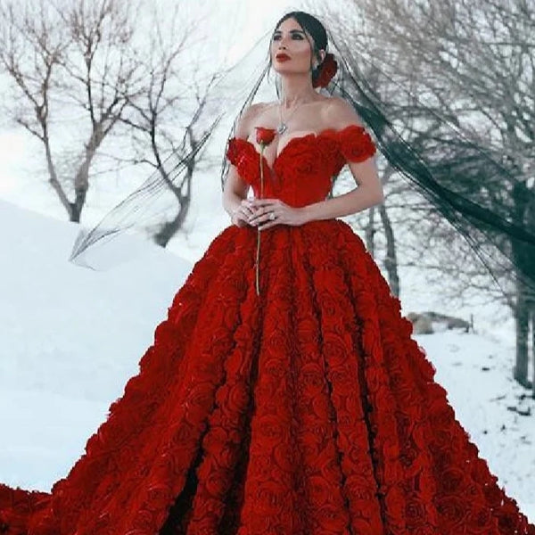 Luxurious Red Floral Lace Off-Shoulder Wedding Dress with Court Train | Non-Traditional Valentine's Day Bridal Gown