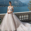 Elegant Lace & Beaded Tulle A-Line Wedding Dress with Spaghetti Straps & Chapel Train