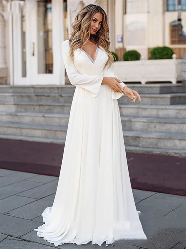 Boho A-Line Chiffon Wedding Dress with V-Neck, Lace Accents, and Illusion Back