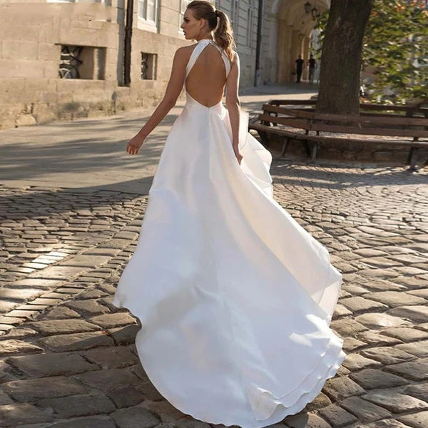 Elegant Halter Neck Satin Wedding Dress with Backless Design and Sweep Train