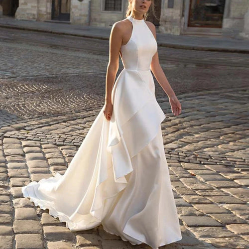 Elegant Halter Neck Satin Wedding Dress with Backless Design and Sweep Train