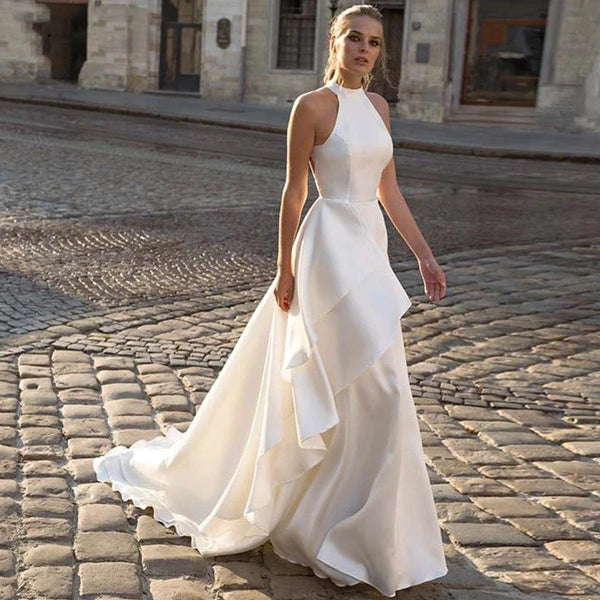 Elegant Halter Neck Satin Wedding Dress with Backless Design and Sweep Train