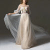 Elegant Floral Tulle Prom Dress with Square Neck and Puff Sleeves | Backless Princess Evening Gown