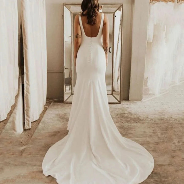 Chic Minimalist Spaghetti Strap Mermaid Wedding Dress - Square Neck Backless Bridal Gown in Soft Satin