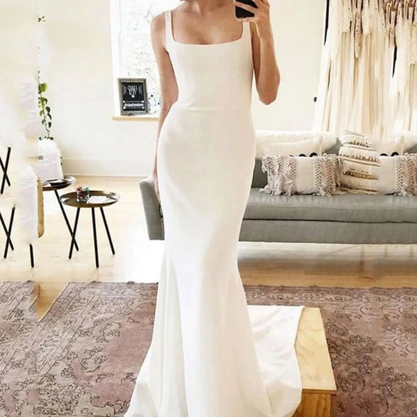 Chic Minimalist Spaghetti Strap Mermaid Wedding Dress - Square Neck Backless Bridal Gown in Soft Satin