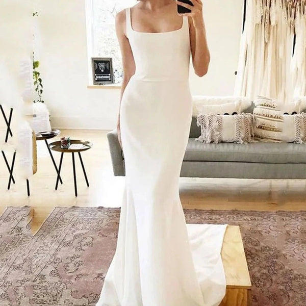 Chic Minimalist Spaghetti Strap Mermaid Wedding Dress - Square Neck Backless Bridal Gown in Soft Satin