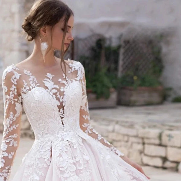 Elegant Princess Wedding Gown with Long Sleeves and Embroidery | Classic Organza and Tulle Bridal Dress