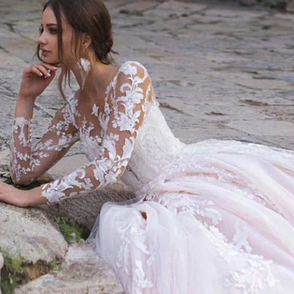 Elegant Princess Wedding Gown with Long Sleeves and Embroidery | Classic Organza and Tulle Bridal Dress