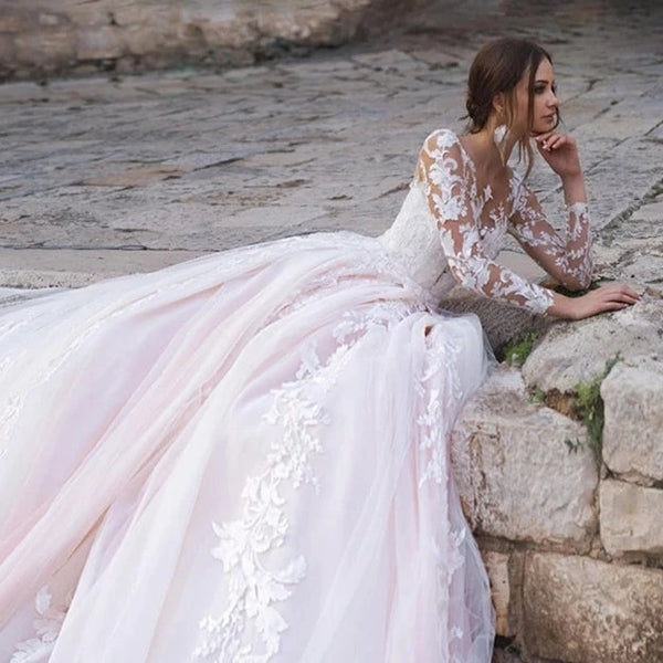 Elegant Princess Wedding Gown with Long Sleeves and Embroidery | Classic Organza and Tulle Bridal Dress