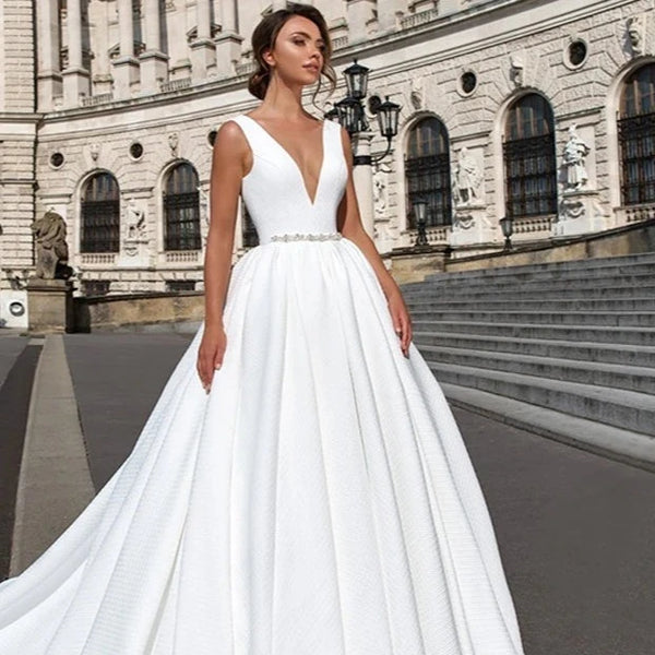 Luxury Vintage Italian Satin Wedding Dress with Crystal Belt and Deep V-Neck | Elegant Backless Bridal Gown with Chapel Train