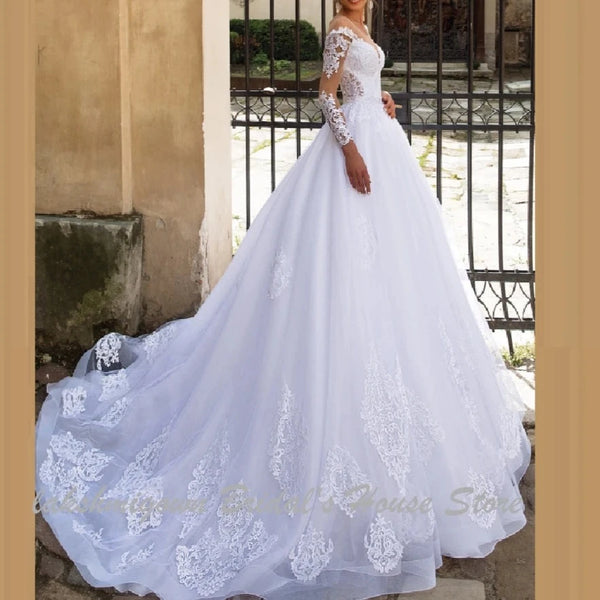 Luxury 2-in-1 A-Line Wedding Dress with Full Sleeves and Lace Detailing | Elegant Tulle Bridal Gown with Sweep Train