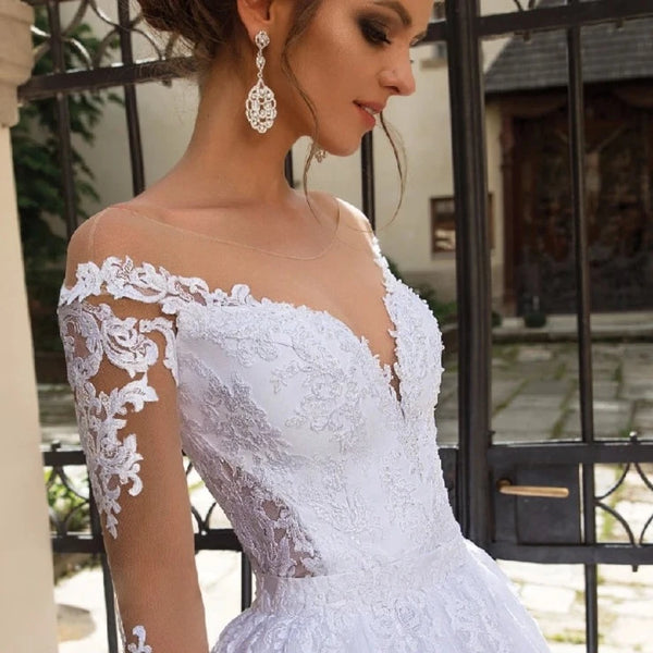 Luxury 2-in-1 A-Line Wedding Dress with Full Sleeves and Lace Detailing | Elegant Tulle Bridal Gown with Sweep Train