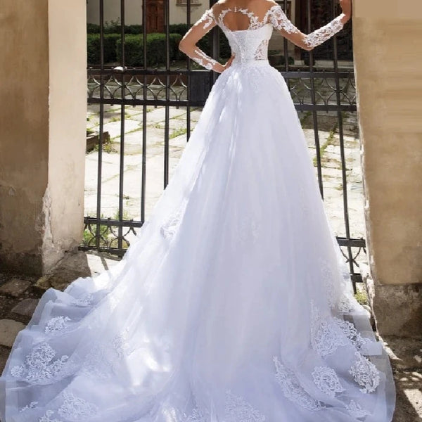 Luxury 2-in-1 A-Line Wedding Dress with Full Sleeves and Lace Detailing | Elegant Tulle Bridal Gown with Sweep Train