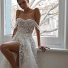 Luxury Floral Lace Boho Beach Wedding Dress with Beading and Side Split | A-Line Bridal Gown