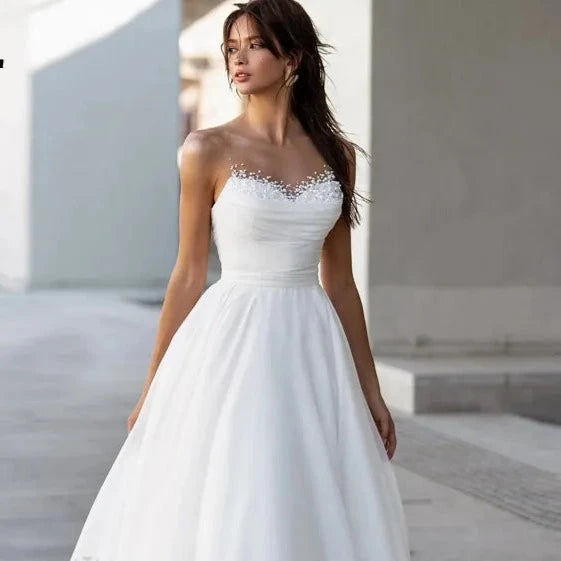 Boho Chic A-Line Tulle Wedding Dress | Sleeveless with Beaded Sweetheart Neckline and Sweep Train