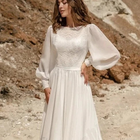 Bohemian Chiffon Wedding Dress with Lace and Puff Sleeves