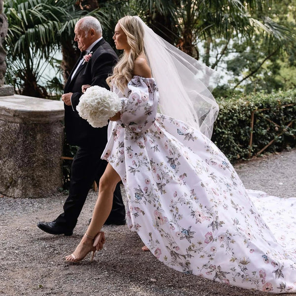 Elegant Floral Satin Wedding Dress with Sweetheart Neckline and Puff Sleeves - High/Low Hem Garden Bridal Gown