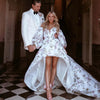 Elegant Floral Satin Wedding Dress with Sweetheart Neckline and Puff Sleeves - High/Low Hem Garden Bridal Gown